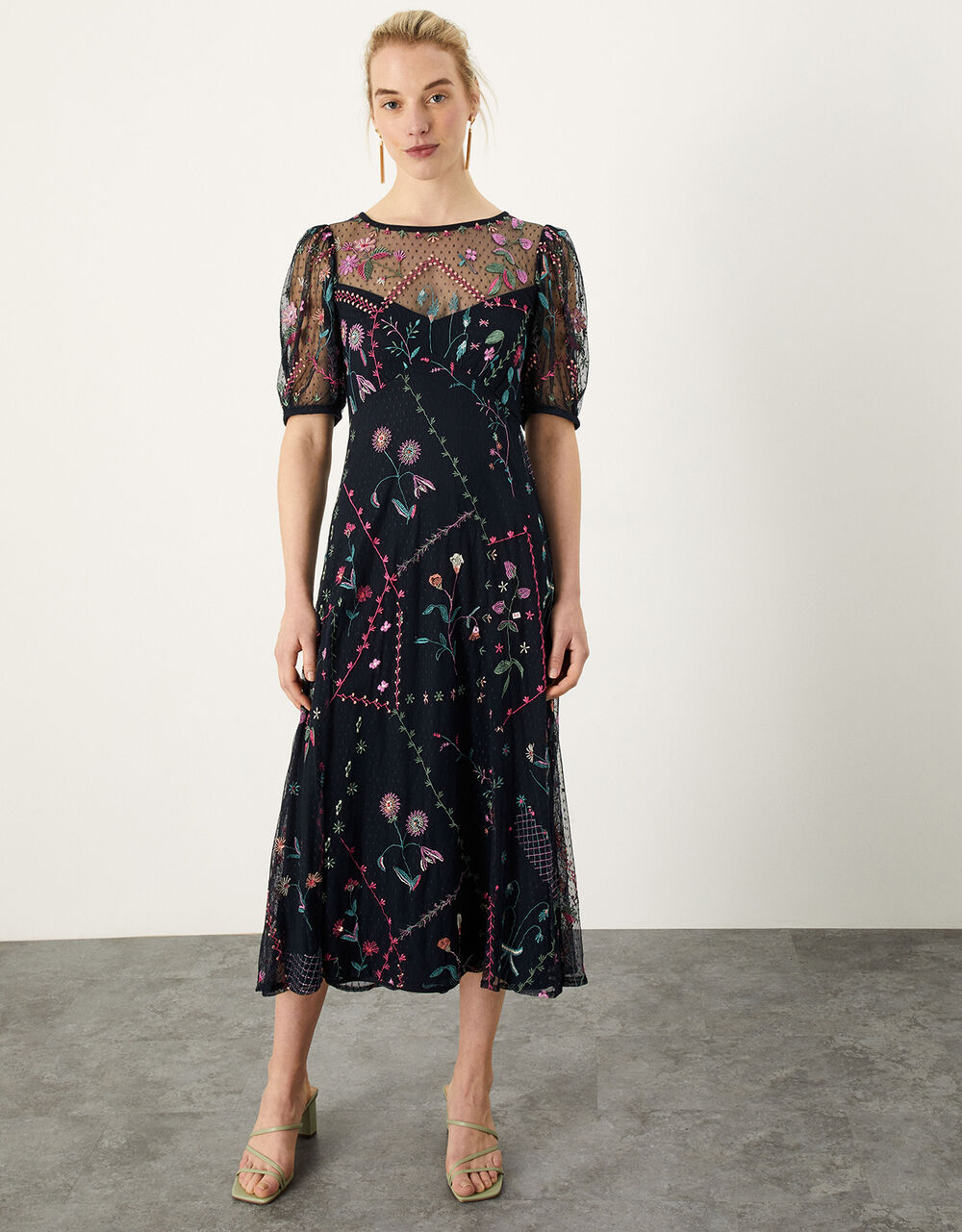 Polly Embroidered Midi Dress Blue | Evening Dresses | Monsoon UK.