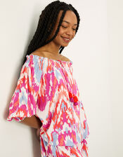 Ikat Print Bardot Off-Shoulder Top, Pink (PINK), large