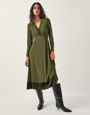 Viv Velvet Trim Long Sleeve Midi Dress, Green (KHAKI), large