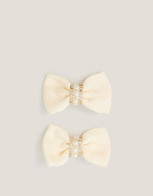 2-Pack Pearl Embellished Bow Hair Clips, Ivory (IVORY), large
