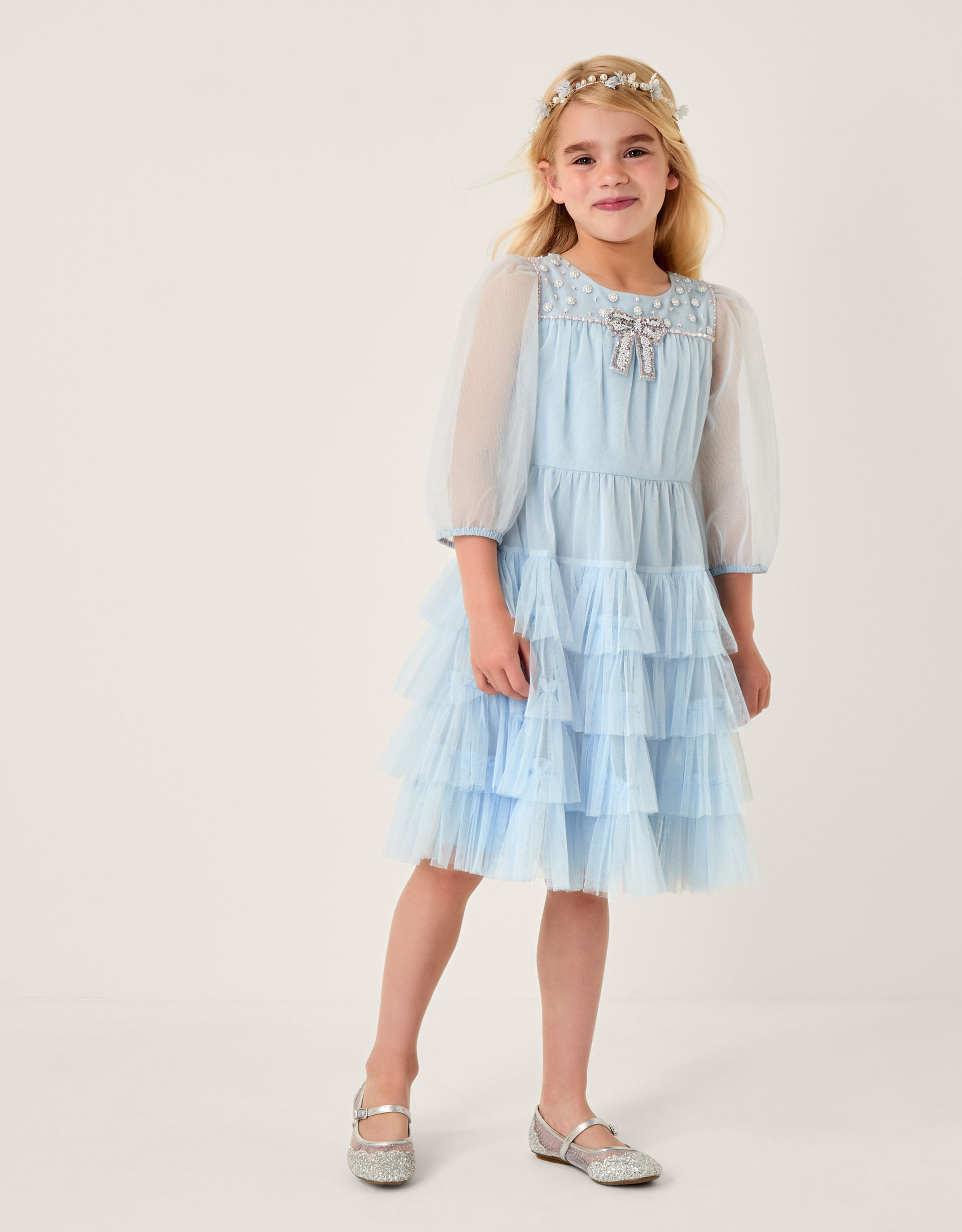 Long Sleeve Bow Beaded Ruffle Dress Blue