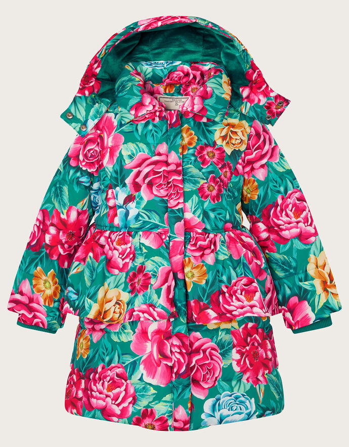 Floral Printed Padded Coat Green
