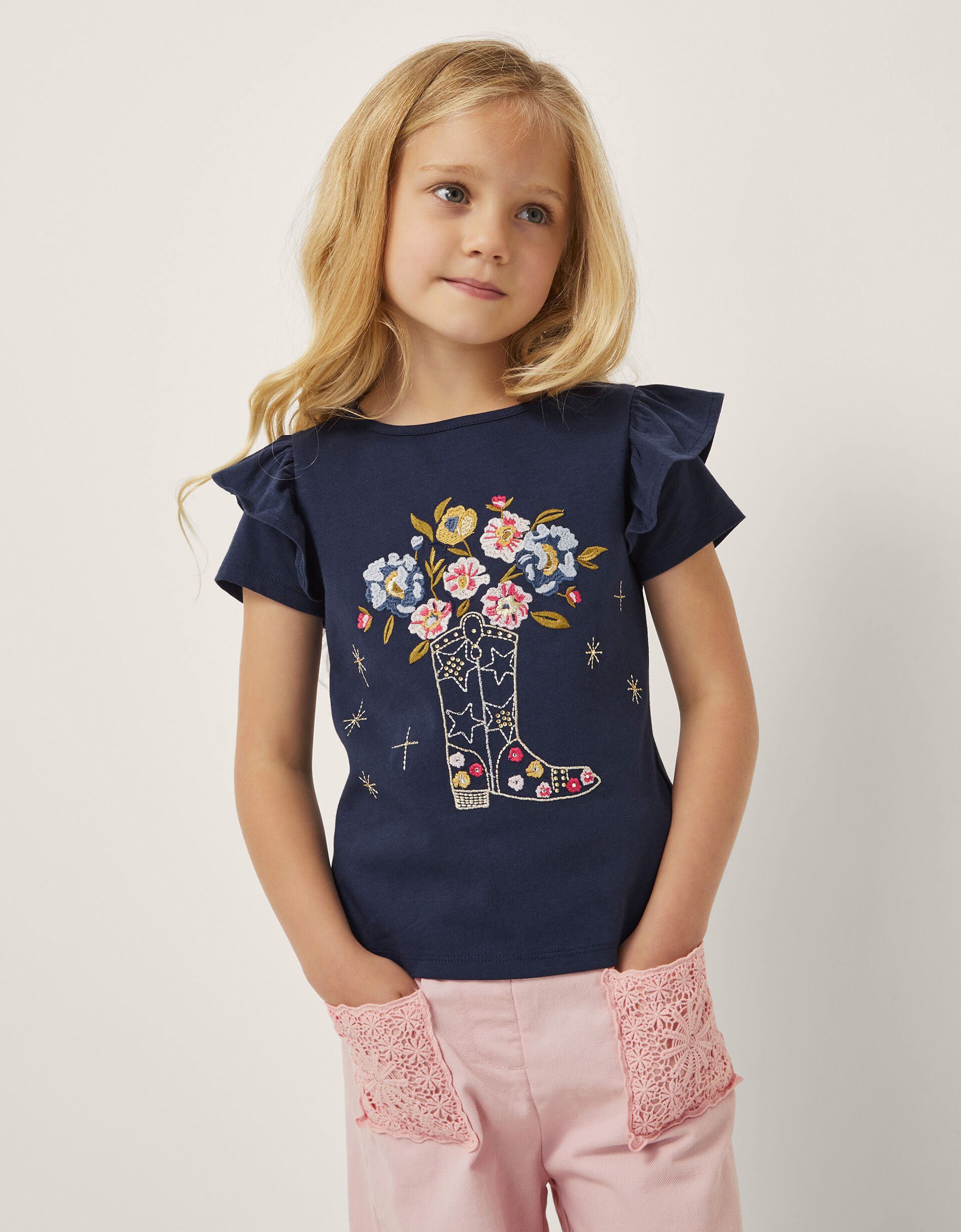 Floral Cowboy Boot Embroidered T-Shirt Blue