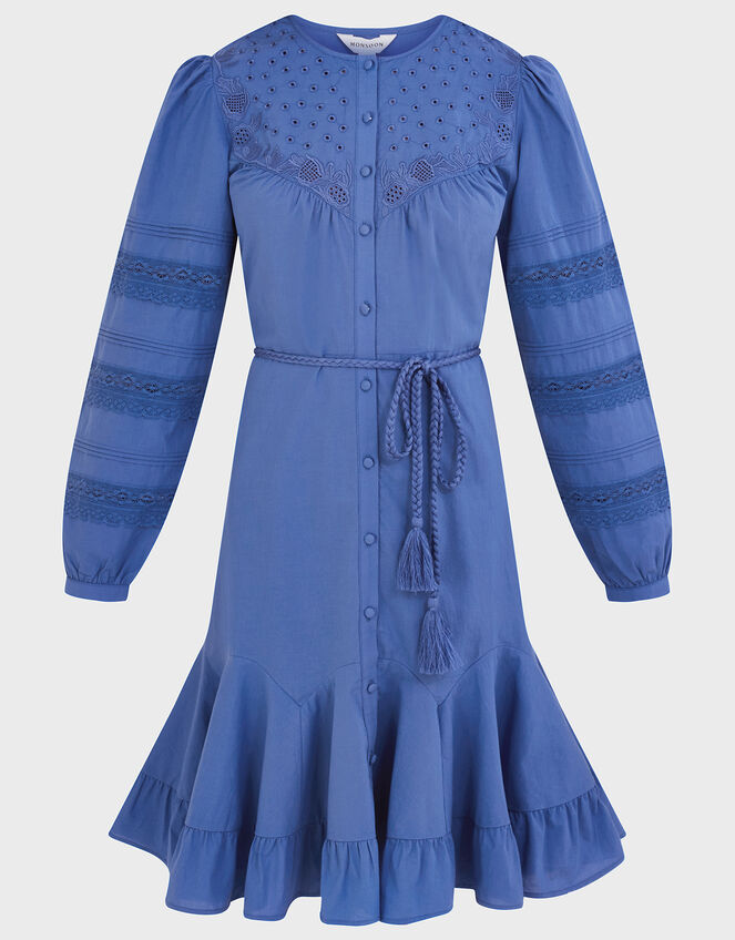 Bib Embroidered Detail Dress in Sustainable Cotton, Blue (BLUE), large