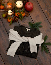 Beaded Knit Cardigan with Recycled Fabric, Grey (CHARCOAL), large