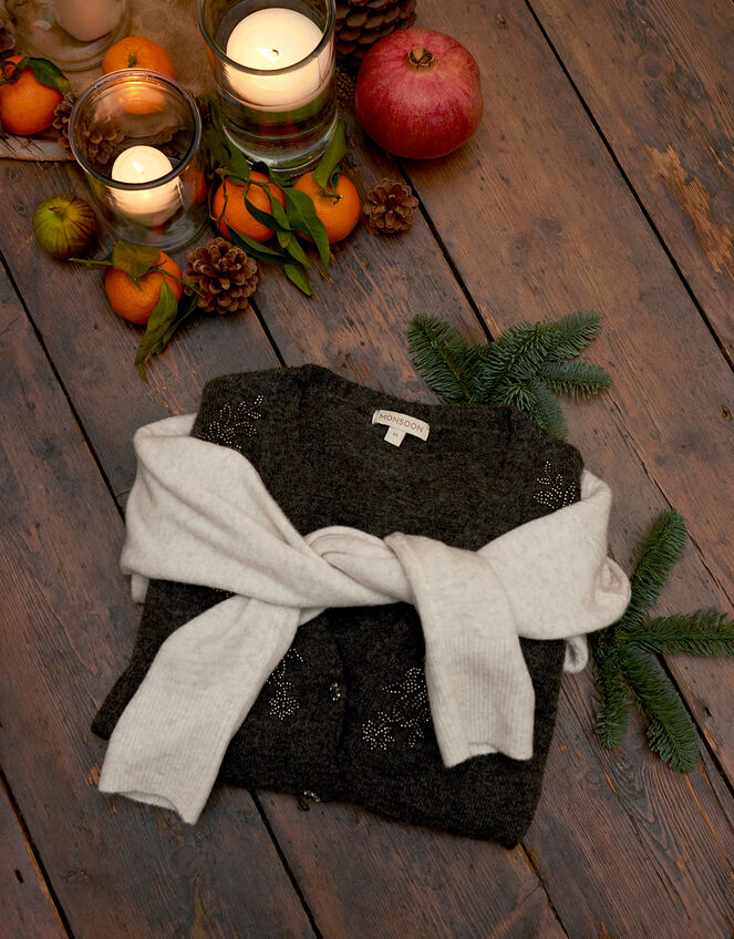 Beaded Knit Cardigan with Recycled Fabric, Grey (CHARCOAL), large