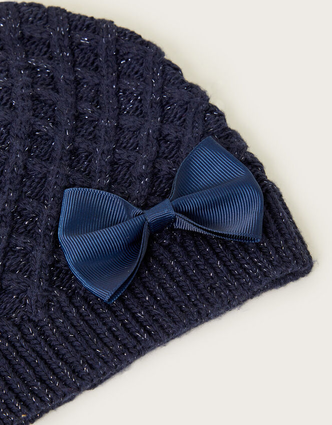 Bow Detail Beanie Hat, Blue (NAVY), large