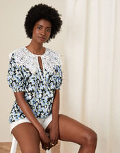 Zita Lace Collar Floral Jersey Top, Black (BLACK), large