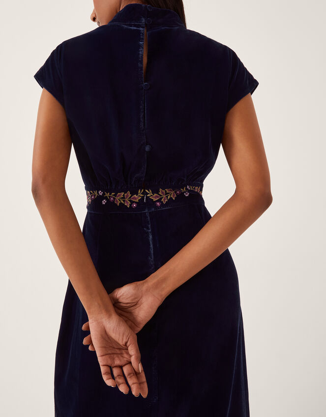 Grace High Neck Embroidered Velvet Midi Dress, Blue (NAVY), large