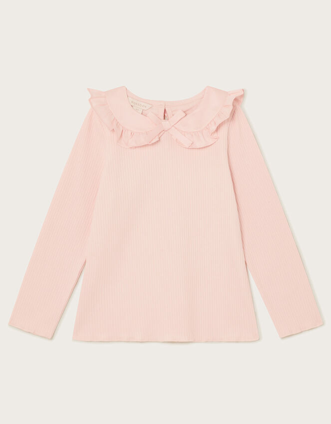Satin Collar Long Sleeve Rib Top, Pink (PINK), large