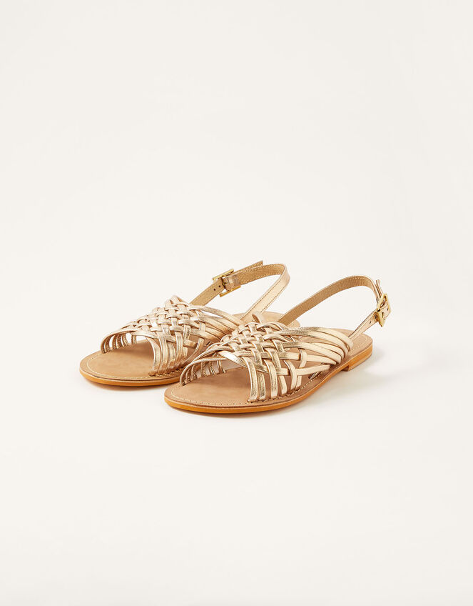 Metallic Weave Leather Sandals, Gold (GOLD), large
