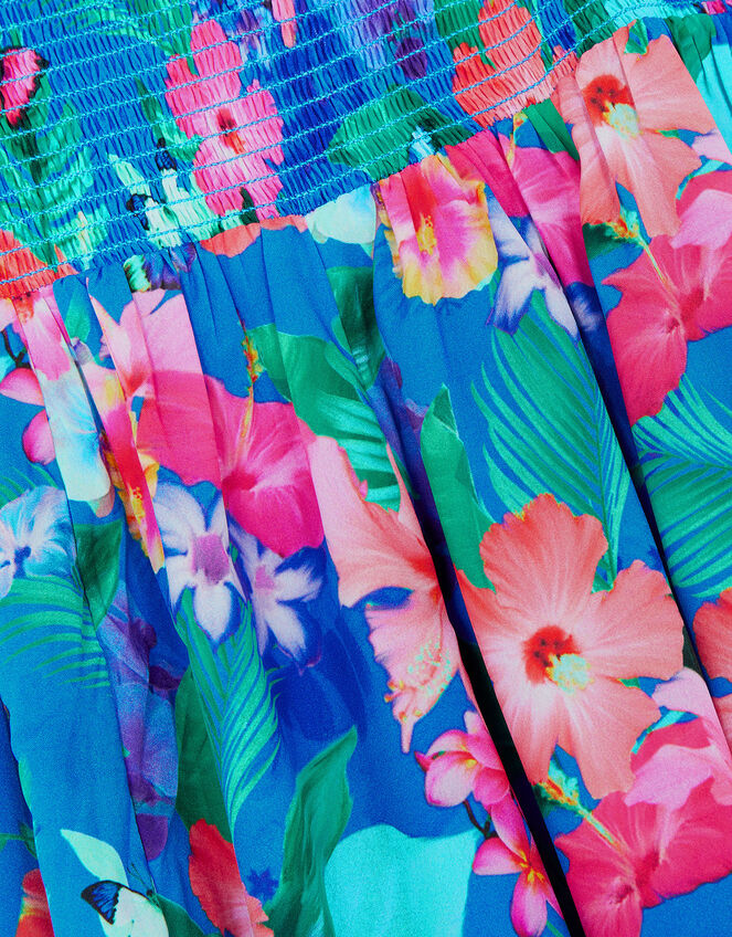 Floral Shirred Dress in Recycled Polyester, Blue (BLUE), large