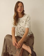 Saskia Short Sleeve Sequin Fringe Top , Ivory (IVORY), large