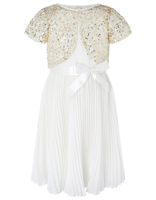 Capelle Pleated Dress with Sequin Cardigan, Ivory (IVORY), large