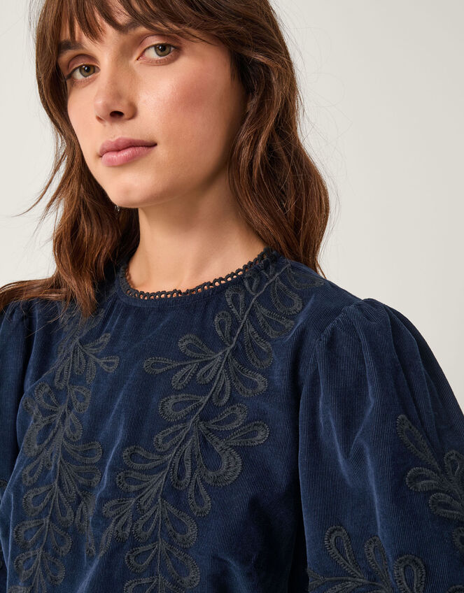 Leona Embroidered Corduroy Midi Dress, Blue (NAVY), large