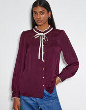 Thea Satin Bow Collar Blouse, Red (BURGUNDY), large