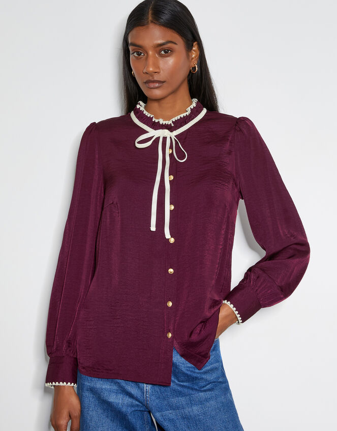 Thea Satin Bow Collar Blouse, Red (BURGUNDY), large