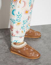 Ebony Embroidered Suedette Mule Slippers, Tan (TAN), large