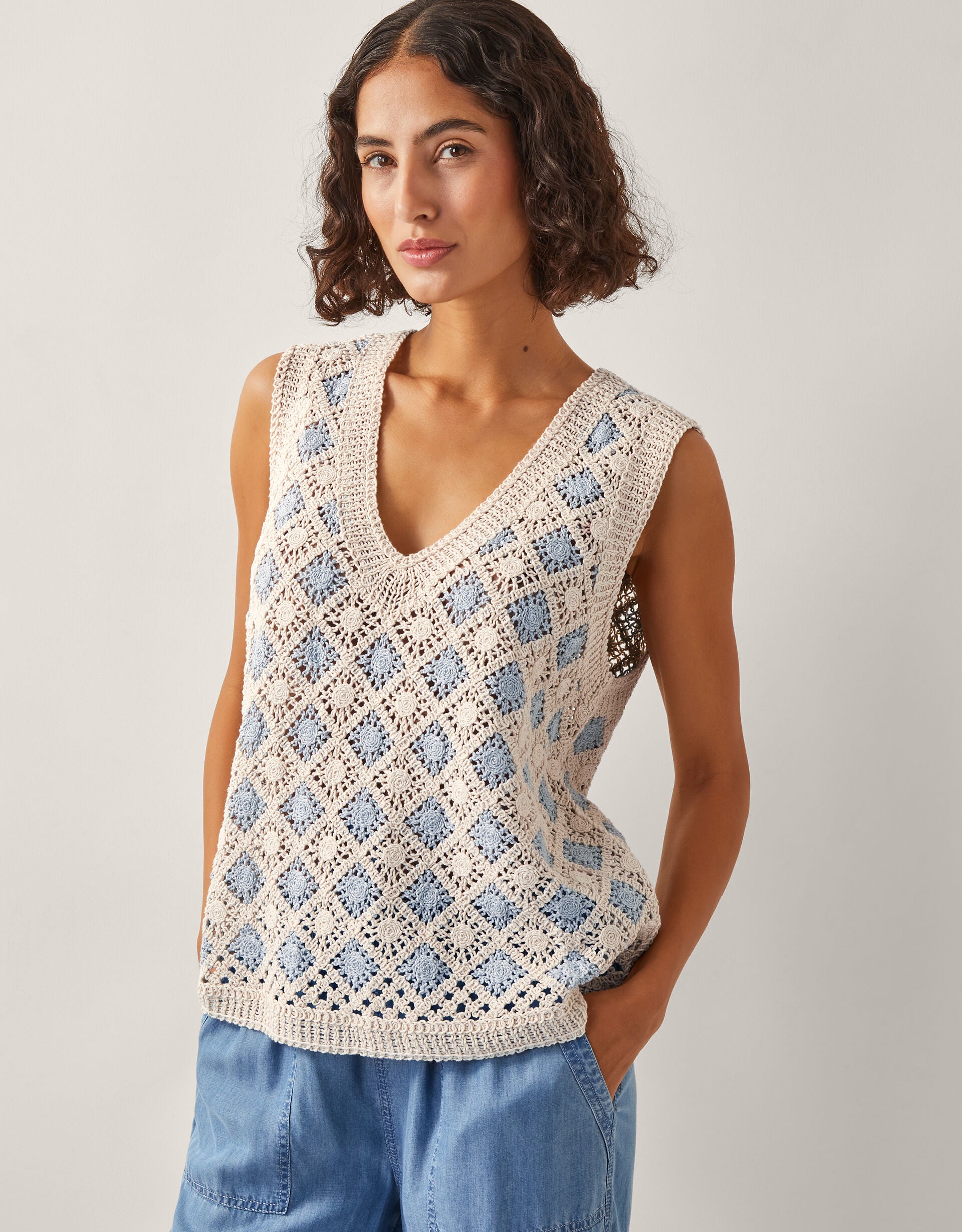 Ray Crochet Tank Top Blue | Jumpers | Monsoon UK.