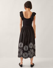 Ella Frill Floral Embroidered Midi Dress, Black (BLACK), large