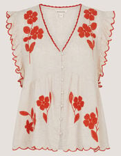 Rhea Embroidered Linen Blend Top, Natural (NATURAL), large
