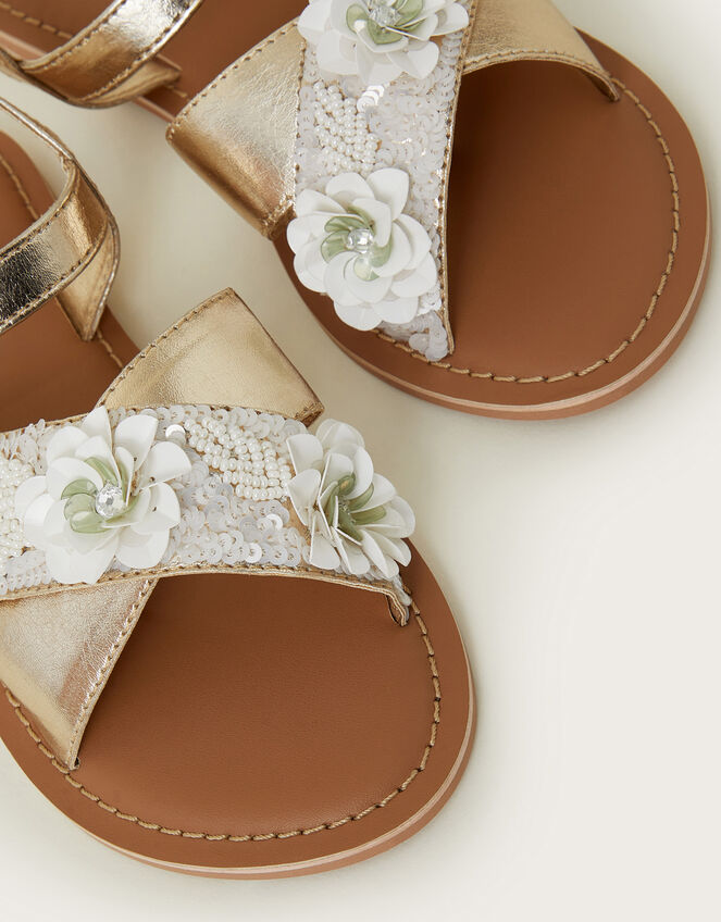Flower Embellished Metallic Sandals, Ivory (IVORY), large