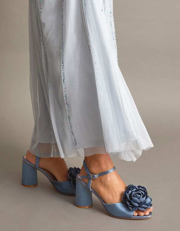 Petal Corsage Satin Heel Sandals, Blue (BLUE), large