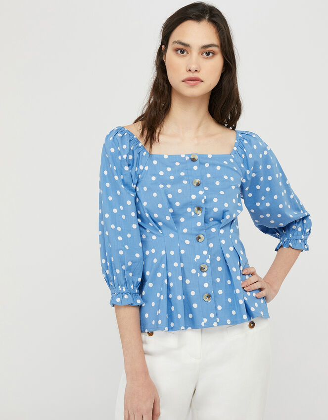 Samia Spot Blouse in Organic Cotton, Blue (BLUE), large