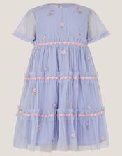Floral Embroidered Floral Tulle Tier Dress, Blue (BLUE), large