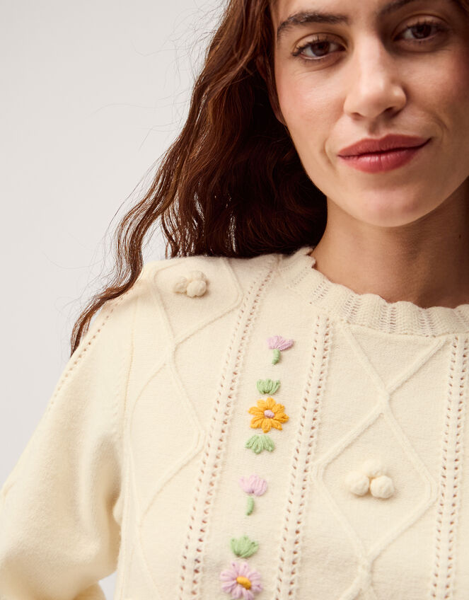 Elsie Floral Embroidered Cable Knit Jumper Ivory