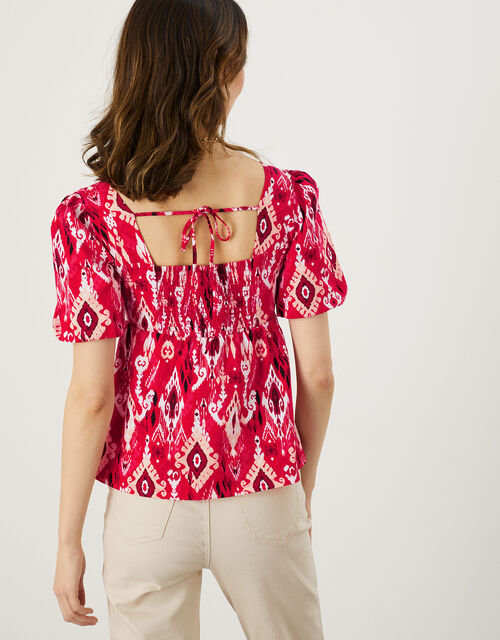 Ikat Print Square Neck Top in Sustainable Cotton, Red (RED), large