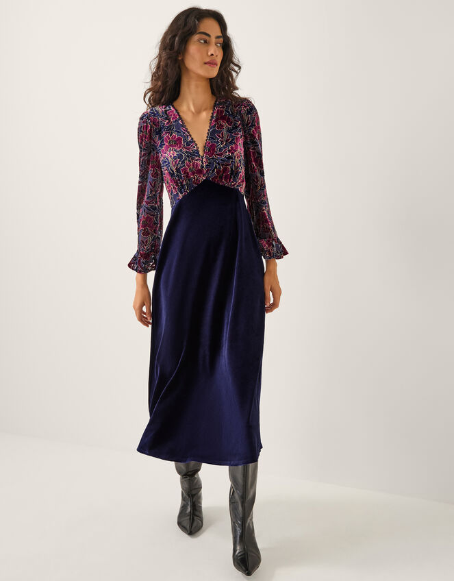 Milena Floral Devor&eacute; Velvet Midi Dress, Purple (PURPLE), large