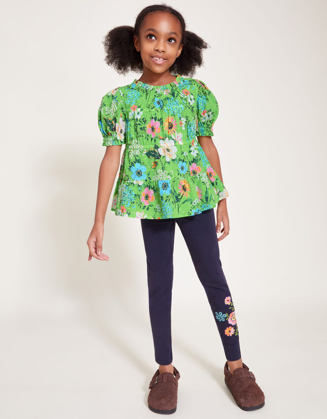 Floral Tiered Blouse and Leggings Set, Green (GREEN), large