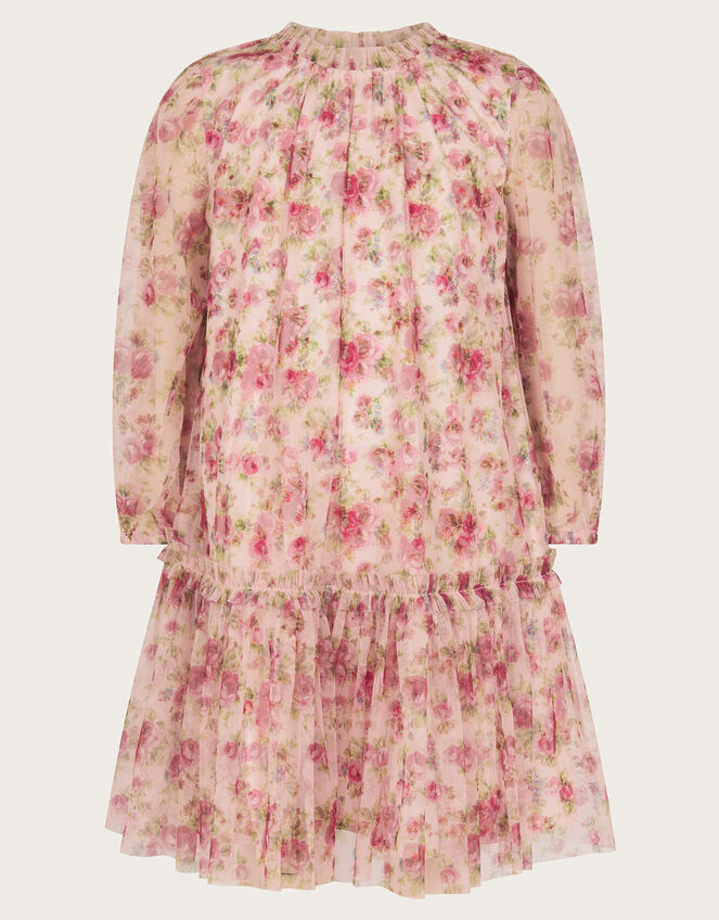 Long Sleeve Floral Frill Dress, Ivory (IVORY), large