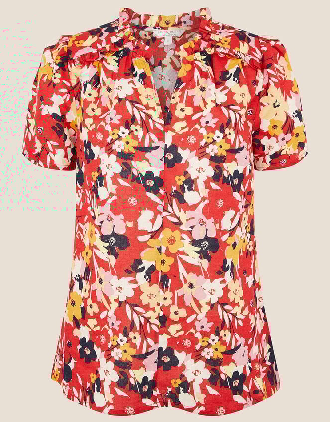 Floral Blouse in Linen Blend, Red (RED), large