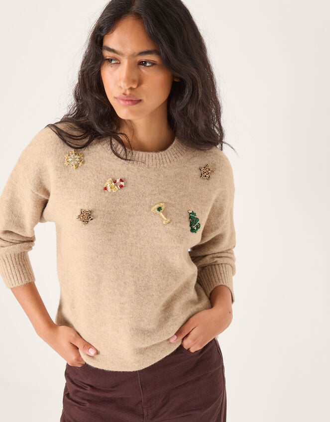 Edie Embroidered Christmas Jumper Camel