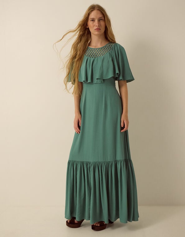 Monsoon x Queens of Archive Sophia Lattice Cape Sleeve Maxi Dress, Blue (BLUE), large