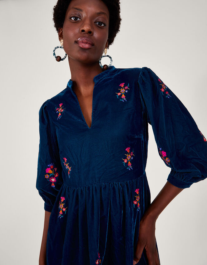 Faith Embroidered Velvet Dress, Teal (TEAL), large
