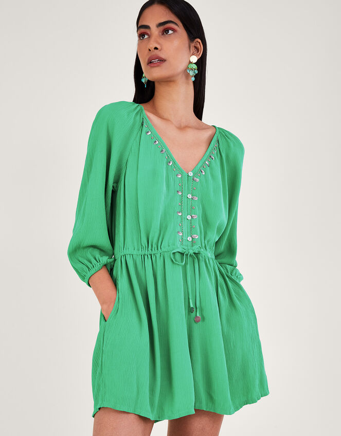 Long Sleeve Embellished Romper Green