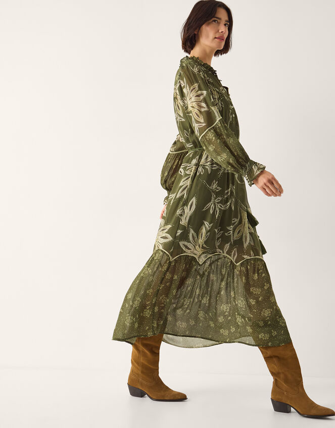 Leona Print Long Sleeve Midi Dress, Green (KHAKI), large