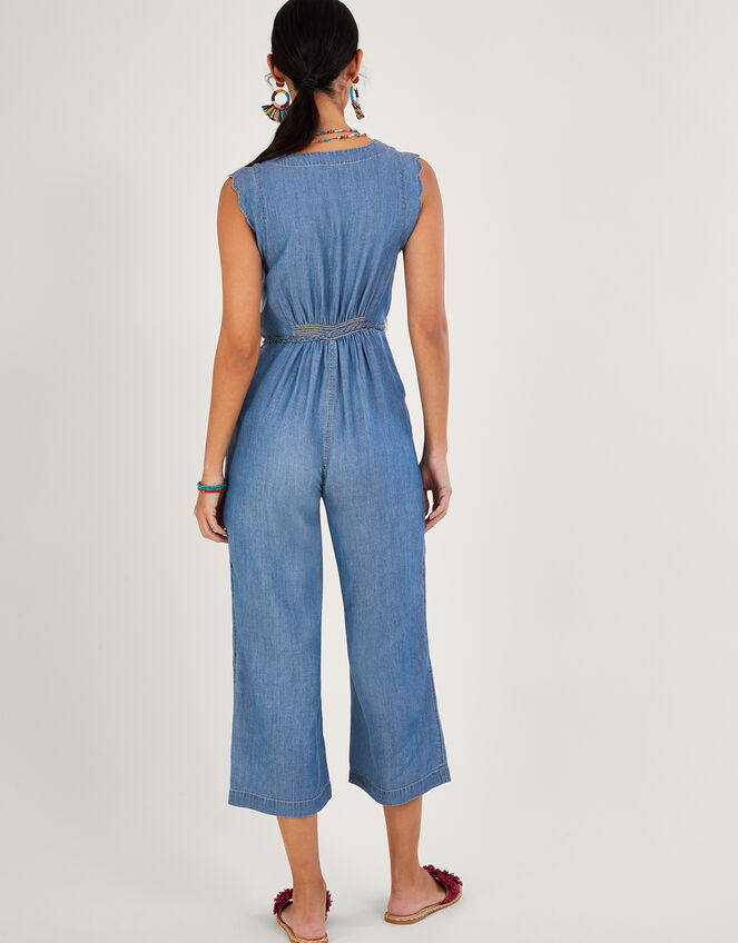 Tie Belt Denim Jumpsuit, Blue (DENIM BLUE), large