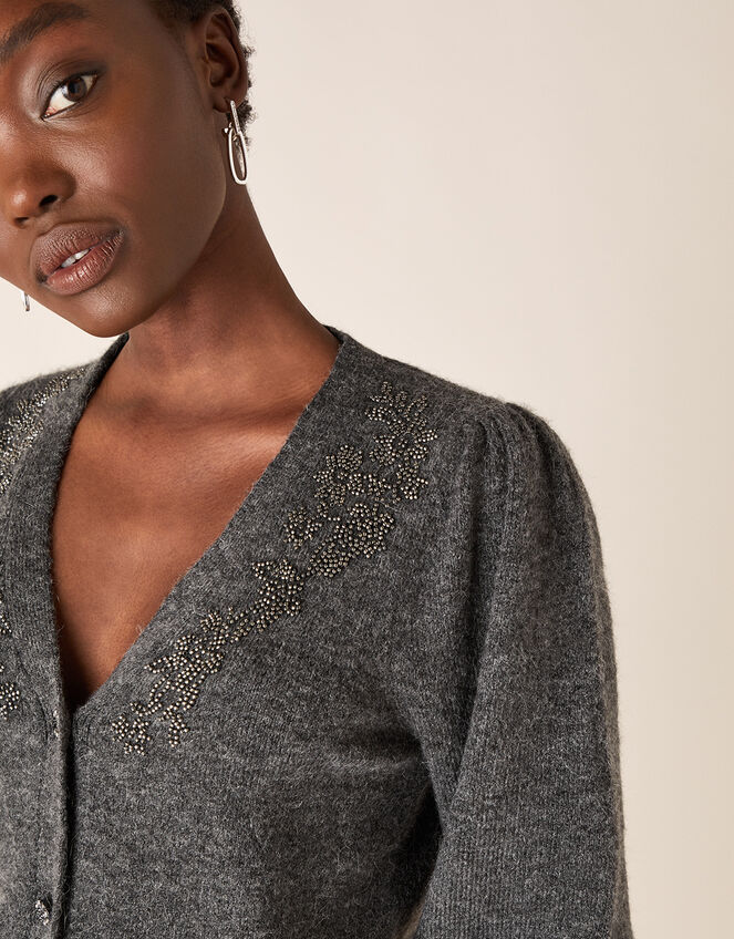 Beaded Knit Cardigan with Recycled Fabric, Grey (CHARCOAL), large