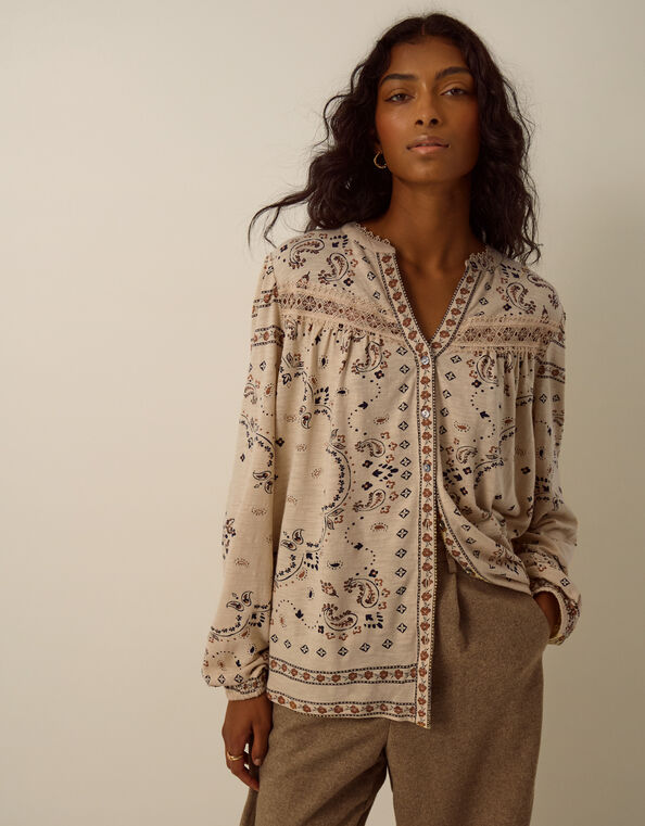 Gigi V-Neck Paisley Print Jersey Shirt, Yellow (BUTTER YELLOW), large