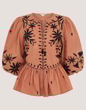 Freya Embroidered Puff Sleeve Top, Orange (PEACH), large