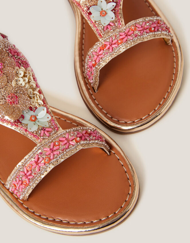 Flower Embellished Metallic Sandals, Multi (MULTI), large