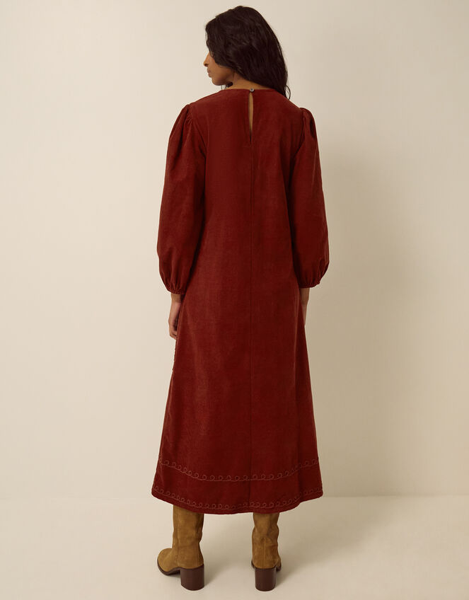 Joyce Embroidered Corduroy Midi Dress, Brown (COGNAC), large