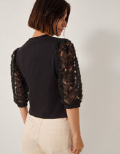 Flavia Sheer Appliqu&eacute; Sleeve Jersey Top, Black (BLACK), large