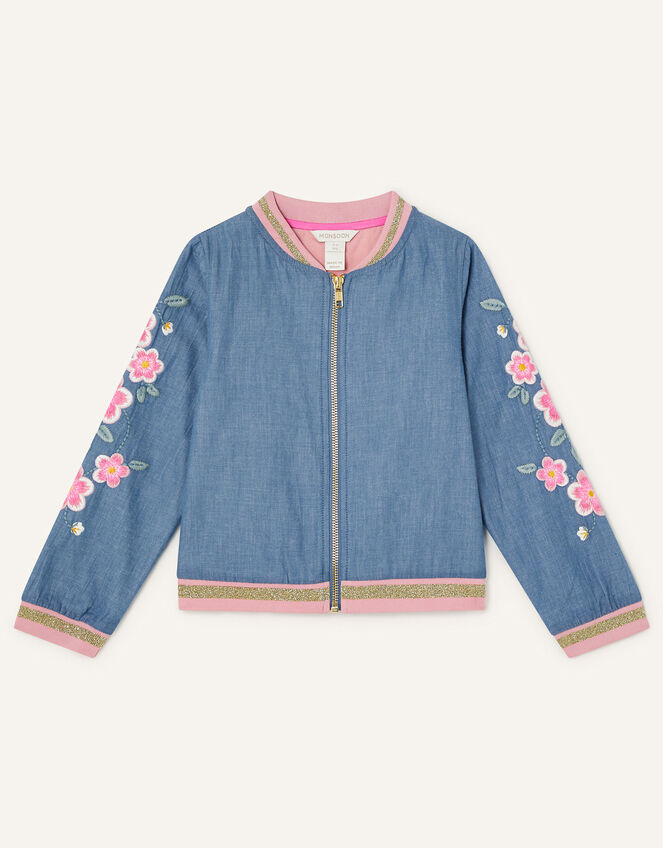 Floral Embroidered Chambray Bomber Jacket Blue