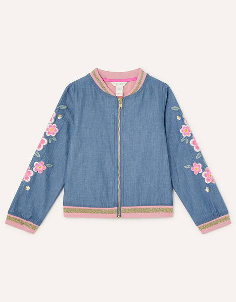 Floral Embroidered Chambray Bomber Jacket Blue, Blue (BLUE), large