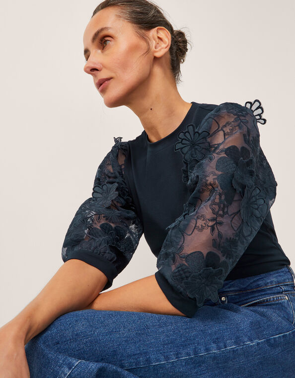 Fi Floral Appliqué Jersey Top, Blue (NAVY), large